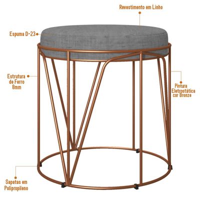 Puff Decorativo Aramado Bronze Zaya L02 Linho Cinza Escuro - Lyam Decor