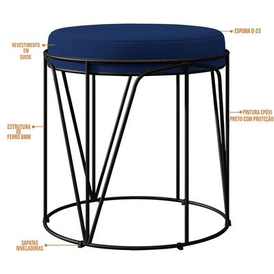 Puff Decorativo Aramado Preto Zaya L02 Suede Azul Marinho - Lyam Decor