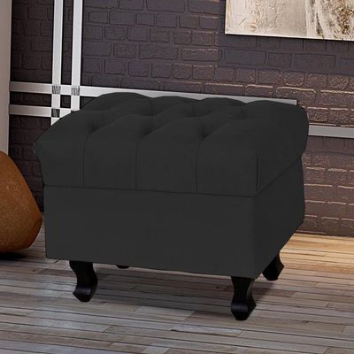 Puff París Luis Xv L02 Capitone Suede Preto Pés Madeira - Lyam Decor