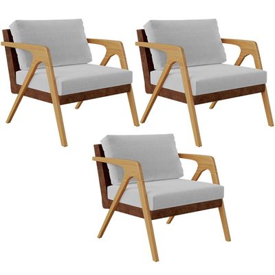 Kit 3 Poltronas Decorativas Para Sala De Estar Pietra L02 Couríssimo Marrom Linho Cinza - Lyam Decor