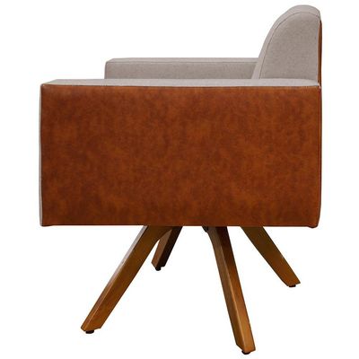 Poltrona Decorativa Base Giratória de Madeira Helô L02 Linho Bege Couríssimo Camel - Lyam Decor