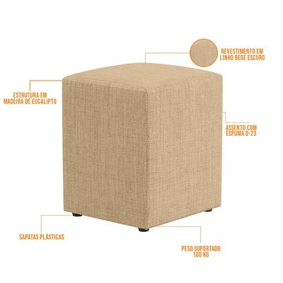 Kit 03 Puffs Quadrado L02 Decorativo Linho Bege Escuro - Lyam Decor