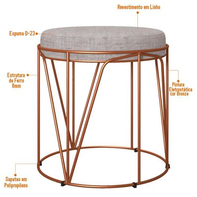 Puff Decorativo Aramado Bronze Zaya L02 Linho Cinza - Lyam Decor