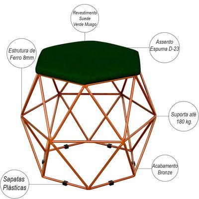 Puff Decorativo Aramado Bronze Six L02 Suede Verde Musgo - Lyam Decor