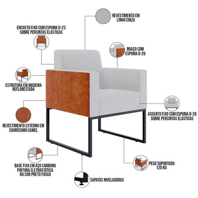 Poltrona Decorativa para Sala Base fixa de Metal Helô L02 Linho Cinza Couríssimo Camel - Lyam Decor