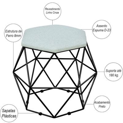 Puff Decorativo Aramado Preto Six L02 Linho Cinza - Lyam Decor