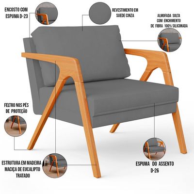 Poltrona Decorativa Para Sala De Estar Pietra Com Estrutura De Madeira L02 Suede Cinza - Lyam Decor