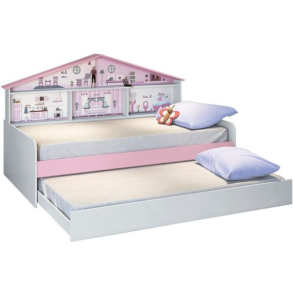 Bicama Infantil Com Casa De Boneca Quarto Anna Led P04 Branco Rosa - Lyam Decor