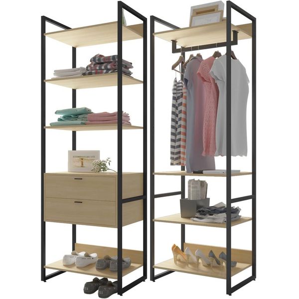 Kit 02 Closets Guarda Roupa Industrial Modulado 02 Gavetas 210x70 cm Blind F01 Nature - Lyam Decor