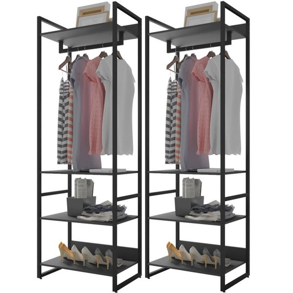 Kit 02 Closets Guarda Roupa Industrial Modulado 210x70 cm Blind F01 Preto  - Lyam Decor