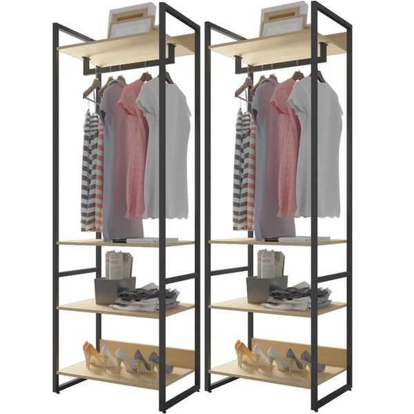 Kit 02 Closets Guarda Roupa Industrial Modulado 210x70 cm Blind F01 Nature - Lyam Decor
