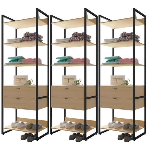 Kit 03 Closets Guarda Roupa Industrial Modulado 06 Gavetas 210x70 cm Blind F01 Nature - Lyam Decor