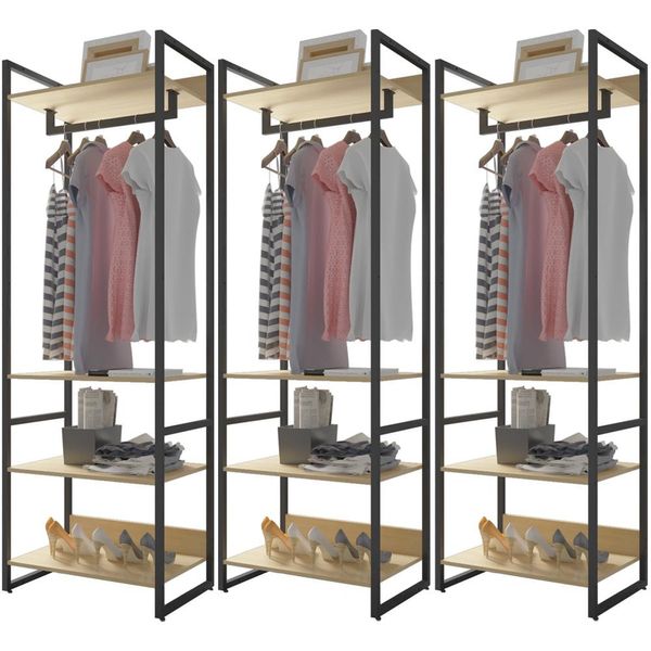 Kit 03 Closets Guarda Roupa Industrial Modulado 210x70 cm Blind F01 Nature - Lyam Decor
