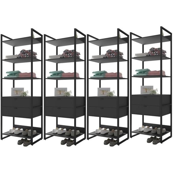 Kit 04 Closets Guarda Roupa Industrial Modulado 08 Gavetas 210x70 cm Blind F01 Preto - Lyam Decor