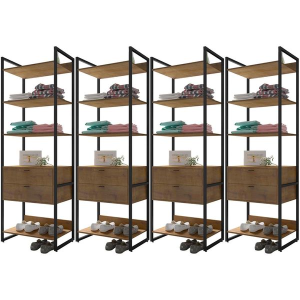 Kit 04 Closets Guarda Roupa Industrial Modulado 08 Gavetas 210x70 cm Blind F01 Castanho - Lyam Decor