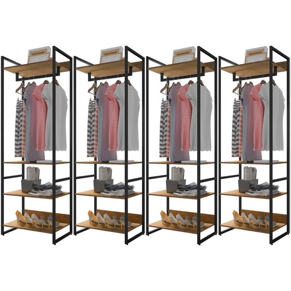 Kit 04 Closets Guarda Roupa Industrial Modulado 210x70 cm Blind F01 Castanho Fosco - Lyam Decor