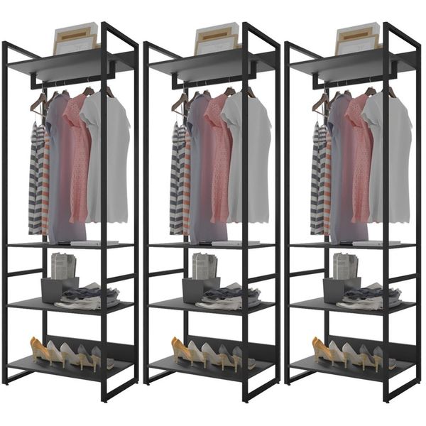 Kit 03 Closets Guarda Roupa Industrial Modulado 210x70 cm Blind F01 Preto - Lyam Decor