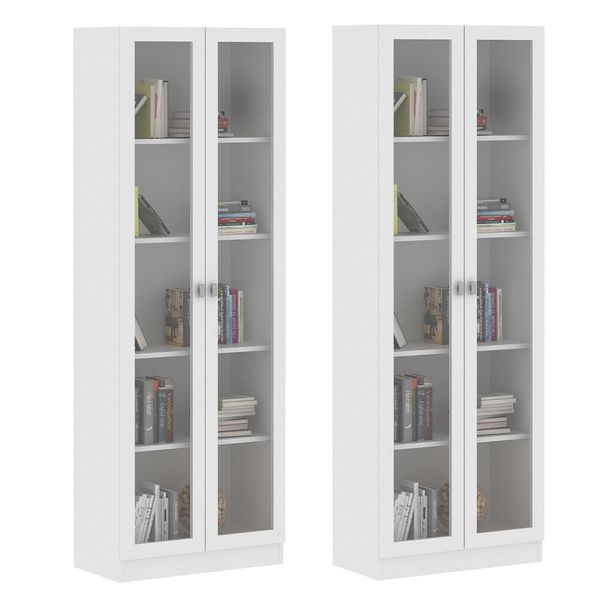 Kit 2 Estantes Para Escritório 2 Portas De Vidro 4 Prateleiras Cannes 171x59 T01 Branco - Lyam Decor