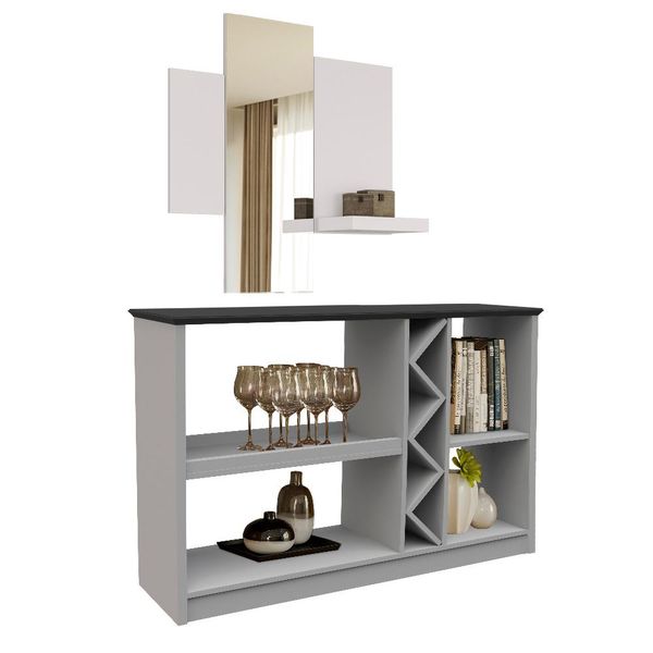 Kit Aparador Buffet Sala de Estar e Espelho Decorativo 91cm Atlanta N01 Off White Preto - Lyam Decor