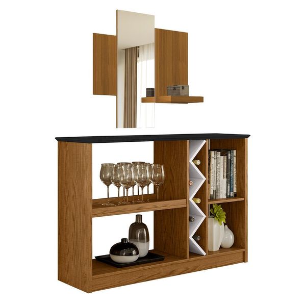 Kit Aparador Buffet Para Sala Estar Com Espelho Decorativo 91cm Atlanta N01 Ypê Preto - Lyam Decor