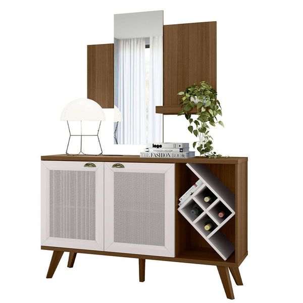 Kit Balcão Buffet Para Sala Com Espelho Decorativo 91cm Atlanta N01 Imbuia Off White - Lyam Decor