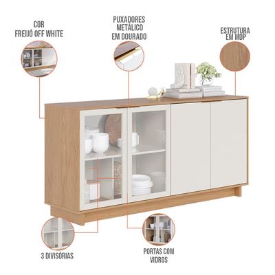 Kit Para Sala de Jantar Buffet Áustria C04 com Cristaleira Malibu Freijó Off White - Lyam Decor