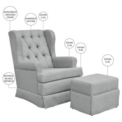 Poltrona de Amamentação com Balanço e Puff Helena P02 Capitonê Linho Cinza Escuro - Lyam Decor