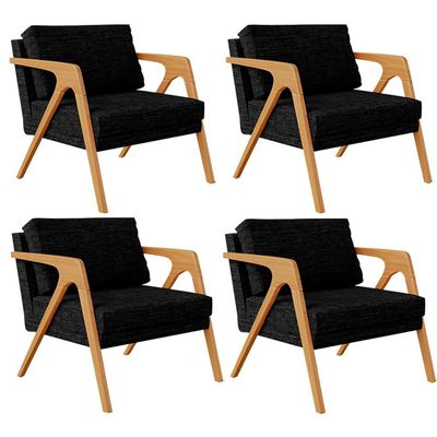 Kit 4 Poltronas Decorativa Para Sala Estar Pietra Estrutura De Madeira L02 Linho Chumbo - Lyam Decor