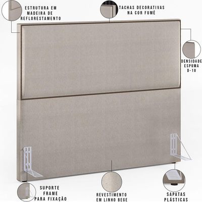 Cabeceira Box Casal King Com Tachas 195 cm Vicenza L02 Linho Bege - Lyam Decor