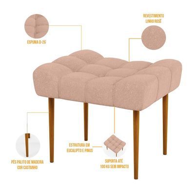 Puff Decorativo Para Sala De Estar Requinte L02 Linho Rosê - Lyam Decor