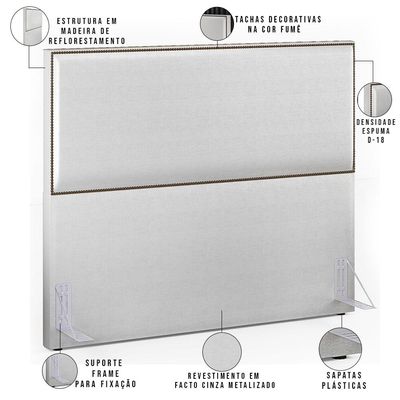 Cabeceira Box Casal King Com Tachas 195 cm Vicenza L02 Facto Cinza Metalizado - Lyam Decor