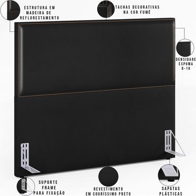Cabeceira Box Casal King Com Tachas 195 cm Vicenza L02 Couríssimo Preto - Lyam Decor