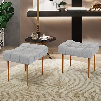 Kit 02 Puffs Decorativo Para Sala De Estar Requinte L02 Linho Cinza - Lyam Decor