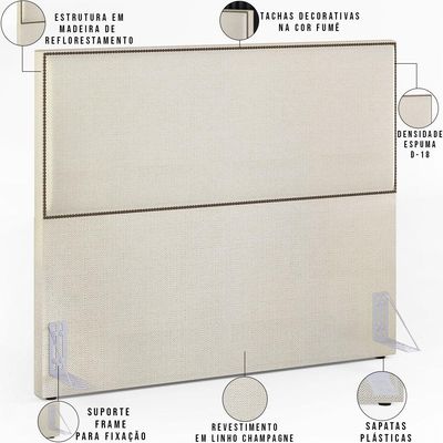 Cabeceira Box Casal King Com Tachas 195 cm Vicenza L02 Linho Champagne - Lyam Decor