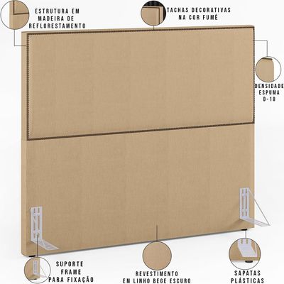 Cabeceira Box Casal King Com Tachas 195 cm Vicenza L02 Linho Bege Escuro - Lyam Decor