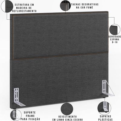 Cabeceira Box Casal King Com Tachas 195 cm Vicenza L02 Linho Cinza Escuro - Lyam Decor