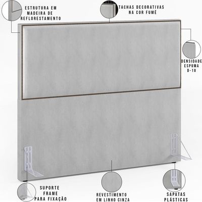Cabeceira Box Casal King Com Tachas 195 cm Vicenza L02 Linho Cinza - Lyam Decor