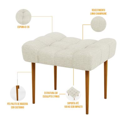 Puff Decorativo Para Sala De Estar Requinte L02 Linho Champagne - Lyam Decor