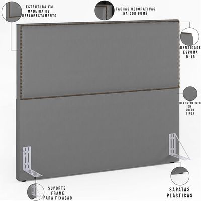 Cabeceira Box Casal King Com Tachas 195 cm Vicenza L02 Suede Cinza - Lyam Decor