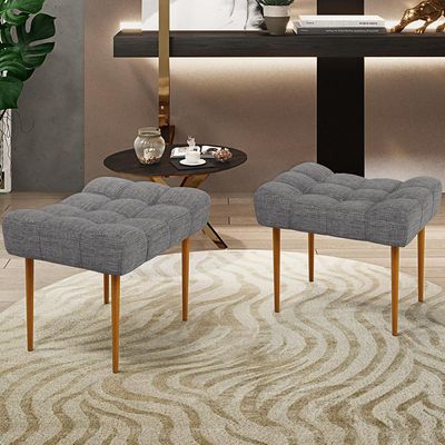 Kit 02 Puffs Decorativo Para Sala De Estar Requinte L02 Linho Cinza Escuro - Lyam Decor