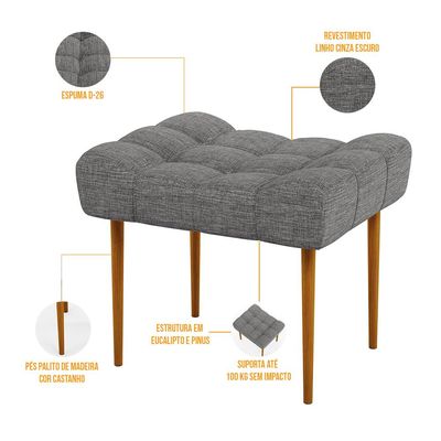 Kit 02 Puffs Decorativo Para Sala De Estar Requinte L02 Linho Cinza Escuro - Lyam Decor