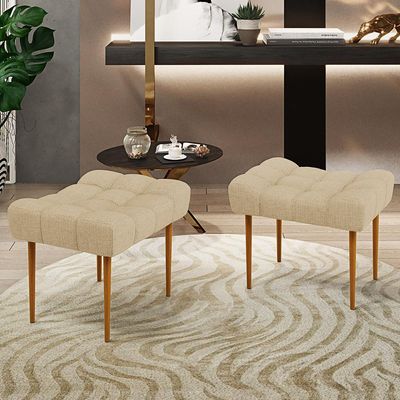 Kit 02 Puffs Decorativo Para Sala De Estar Requinte L02 Linho Bege Escuro - Lyam Decor