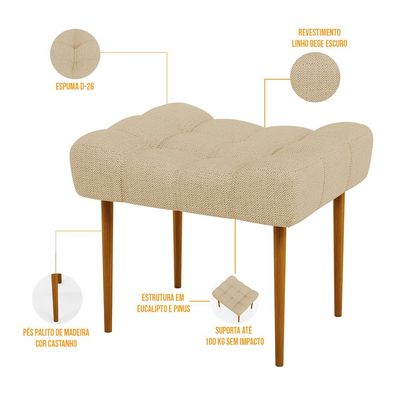 Kit 02 Puffs Decorativo Para Sala De Estar Requinte L02 Linho Bege Escuro - Lyam Decor