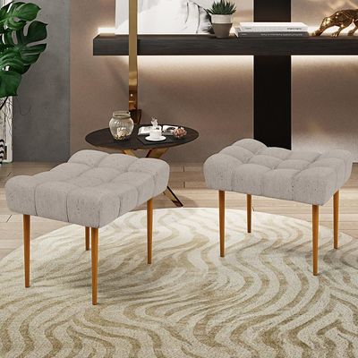 Kit 02 Puffs Decorativo Para Sala De Estar Requinte L02 Linho Bege - Lyam Decor