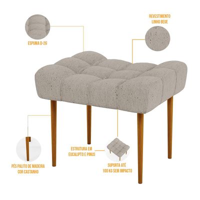 Kit 02 Puffs Decorativo Para Sala De Estar Requinte L02 Linho Bege - Lyam Decor