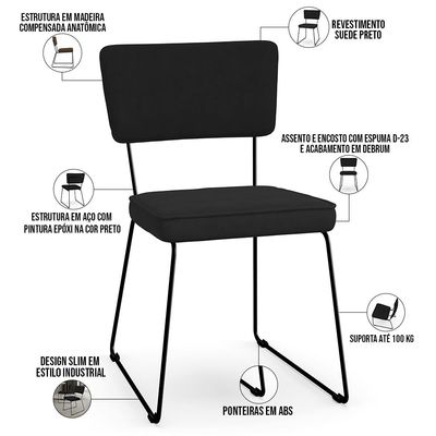 Kit 02 Cadeiras Decorativas Para Sala De Jantar Allana L02 Suede Preto - Lyam Decor
