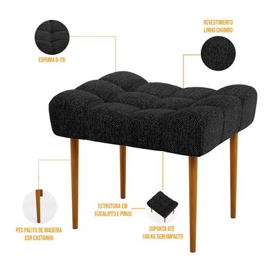 Kit 02 Puffs Decorativo Para Sala De Estar Requinte L02 Linho Chumbo - Lyam Decor
