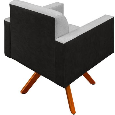 Kit 02 Poltronas Decorativa Base Giratória de Madeira Helô L02 Linho Cinza Couríssimo Preto - Lyam Decor