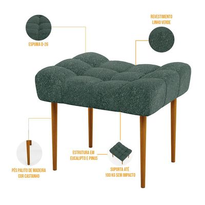 Kit 02 Puffs Decorativo Para Sala De Estar Requinte L02 Linho Verde Musgo - Lyam Decor