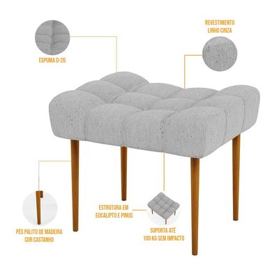 Puff Decorativo Para Sala De Estar Requinte L02 Linho Cinza - Lyam Decor